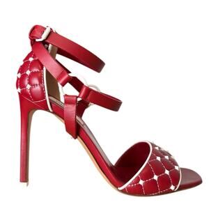 Valentino Rockstud Red Quilted Leather Ankle Strap High Heel Sandals 38
